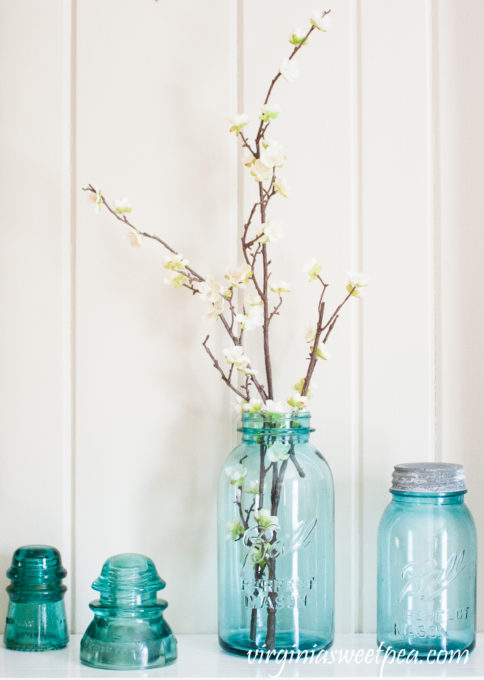 Spring Mantel with Vintage Ball Jars and Baskets - Sweet Pea